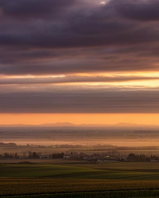 Pianura friulana vista al tramonto con nuvole stratificate e luce calda