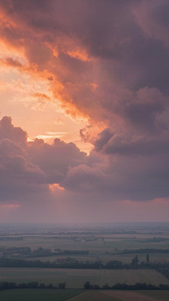 Nubi illuminate dal tramonto sopra una pianura del Nordest con tonalità arancio e rosa