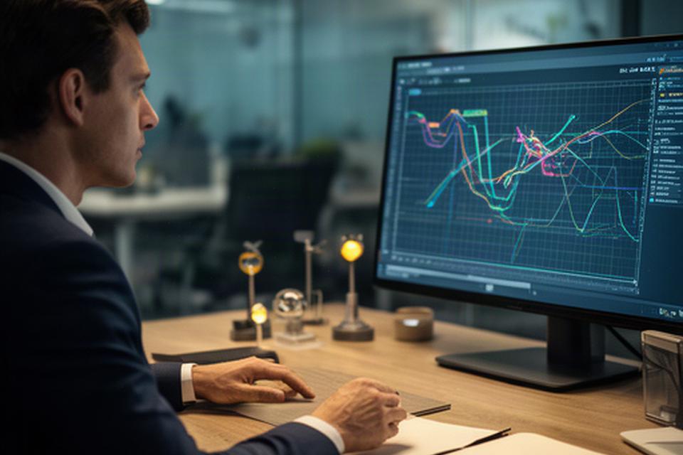 Professionista che analizza grafici di temperatura e pioggia su un monitor