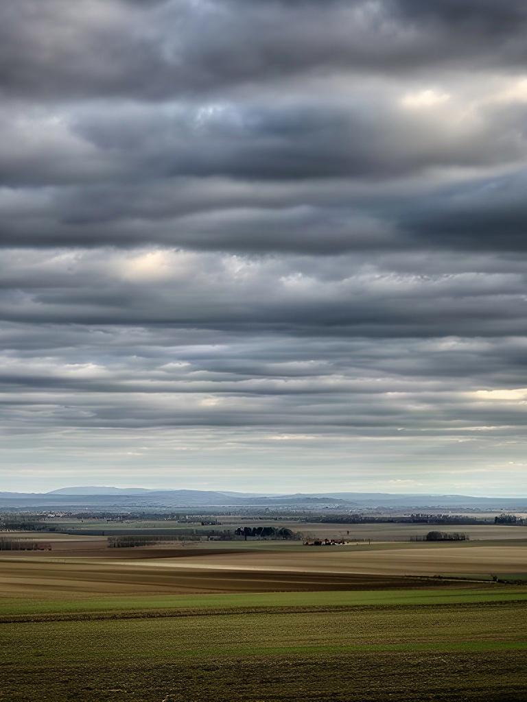 Nuvole stratificate sopra una pianura agricola friulana osservata da terra