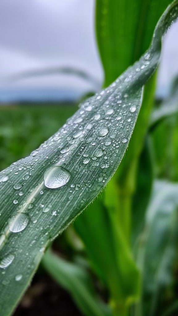 Gocce di pioggia su foglie di mais in una campagna del Friuli Venezia Giulia