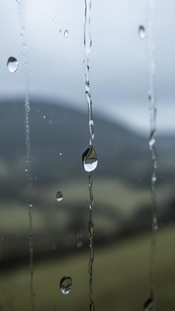 Gocce di pioggia su una vetrata con paesaggio collinare sfocato