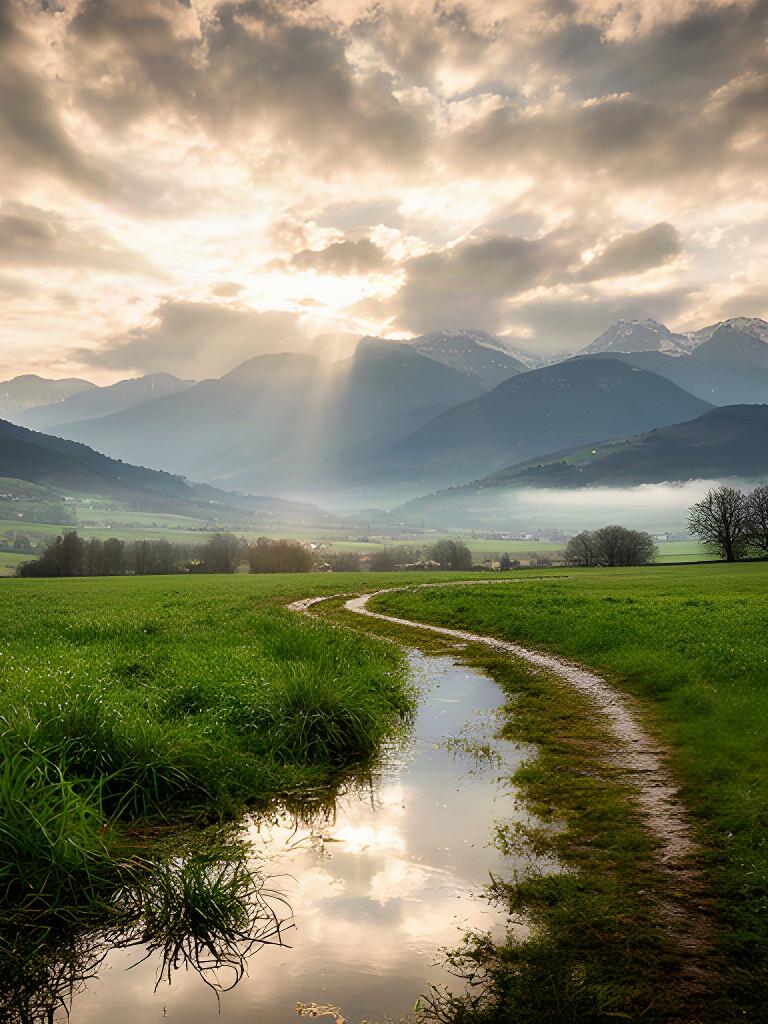 Paesaggio rurale friulano con montagne lontane e luce dopo la pioggia