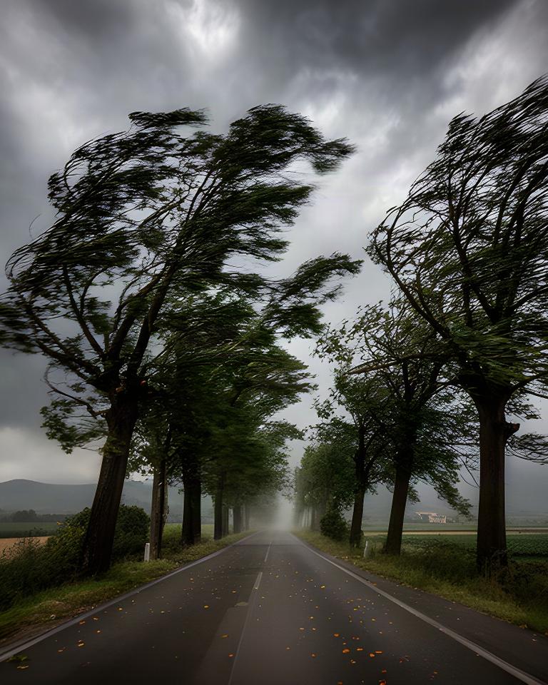 Alberi piegati dal vento forte lungo una strada del Friuli Venezia Giulia