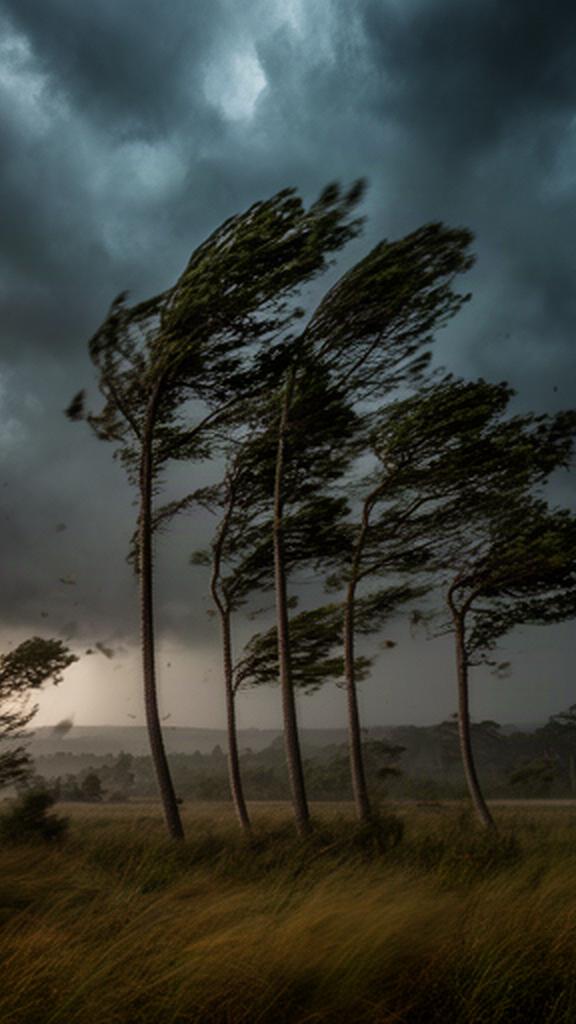 Alberi mossi dal vento sotto nuvole scure in una giornata instabile